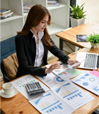 A woman in a black blazer, part of the Intellgus Team, sits at a wooden desk, analyzing financial charts. A laptop, calculator, and documents are spread out before her alongside a cup of coffee and a potted plant in the bright office setting.