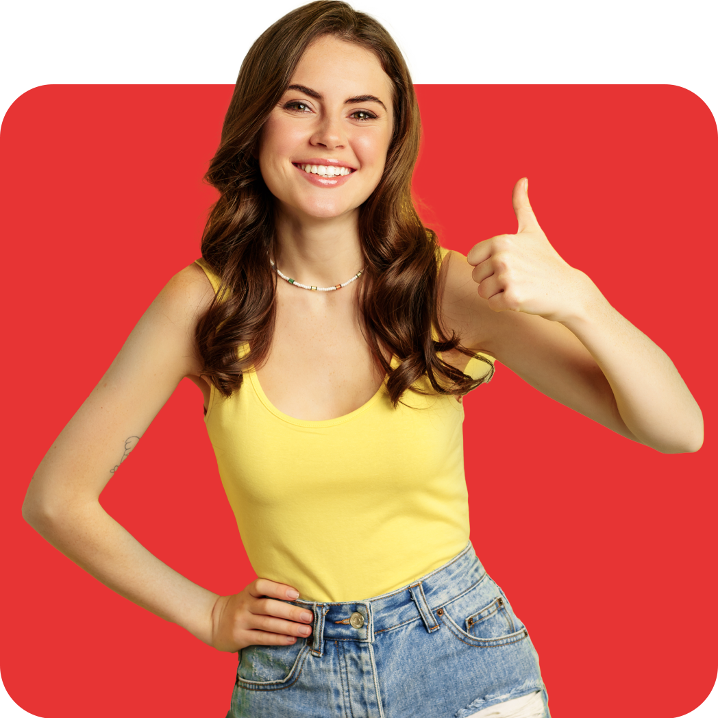 A woman with long brown hair, wearing a yellow tank top and denim shorts, smiles and gives a thumbs-up, embodying the spirit of Intellgus. The background features a vibrant red and yellow gradient with rounded corners.