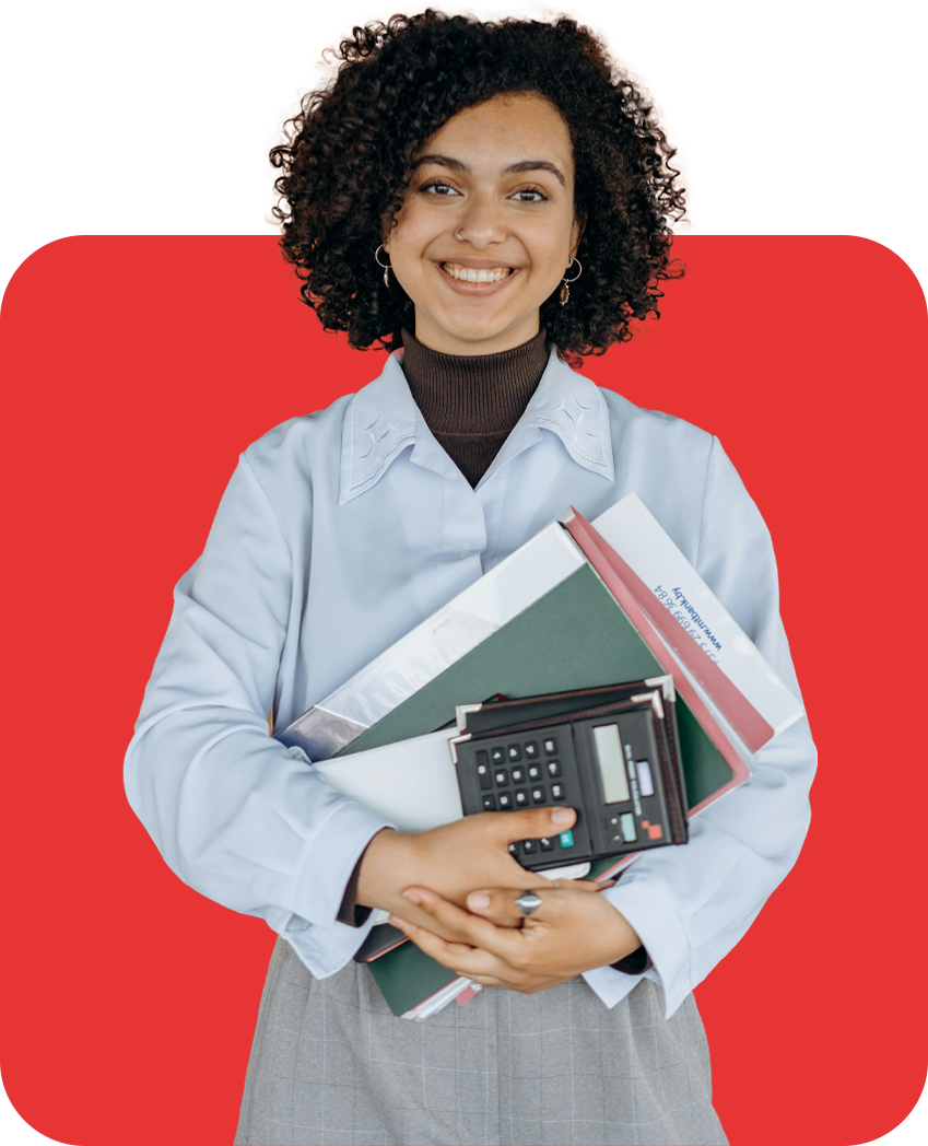 Lady accountant holding files and calculator at the office of intellgus