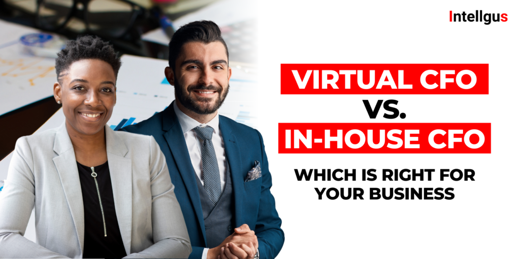 Two professionals, one wearing a gray blazer and the other in a blue suit, stand before a blurred office backdrop with financial documents. Bold text reads Best Virtual CFO Services vs. In-House CFO: Which is right for your business?