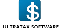 Logo of UltraTax software featuring a blue square with a white dollar sign in the center, reflecting its relevance for accounting outsourcing companies in the USA. The text ULTRATAX SOFTWARE is written below in bold black letters.